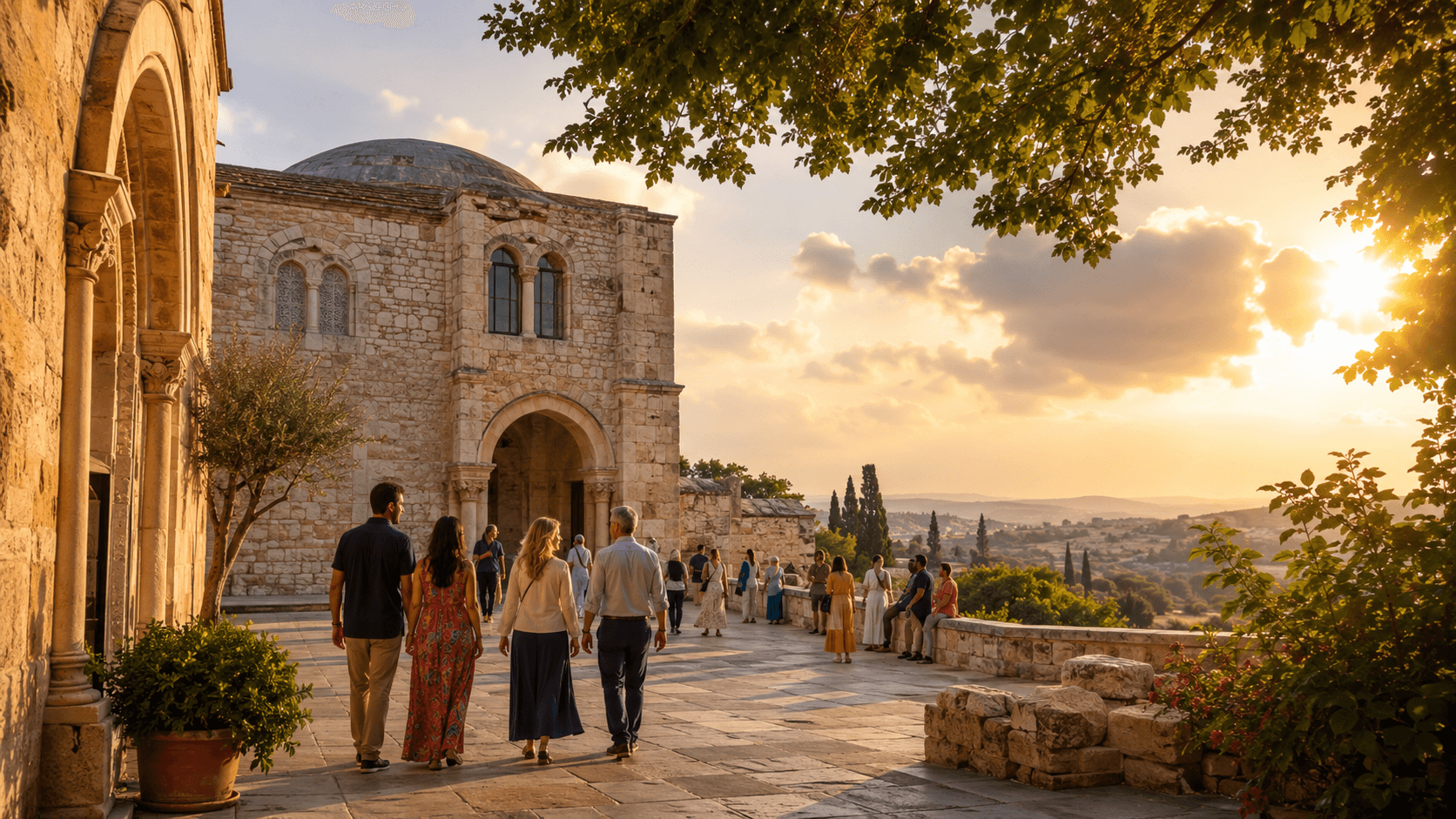 Pilgrims at St. Paul's church in Tarsus at golden hour