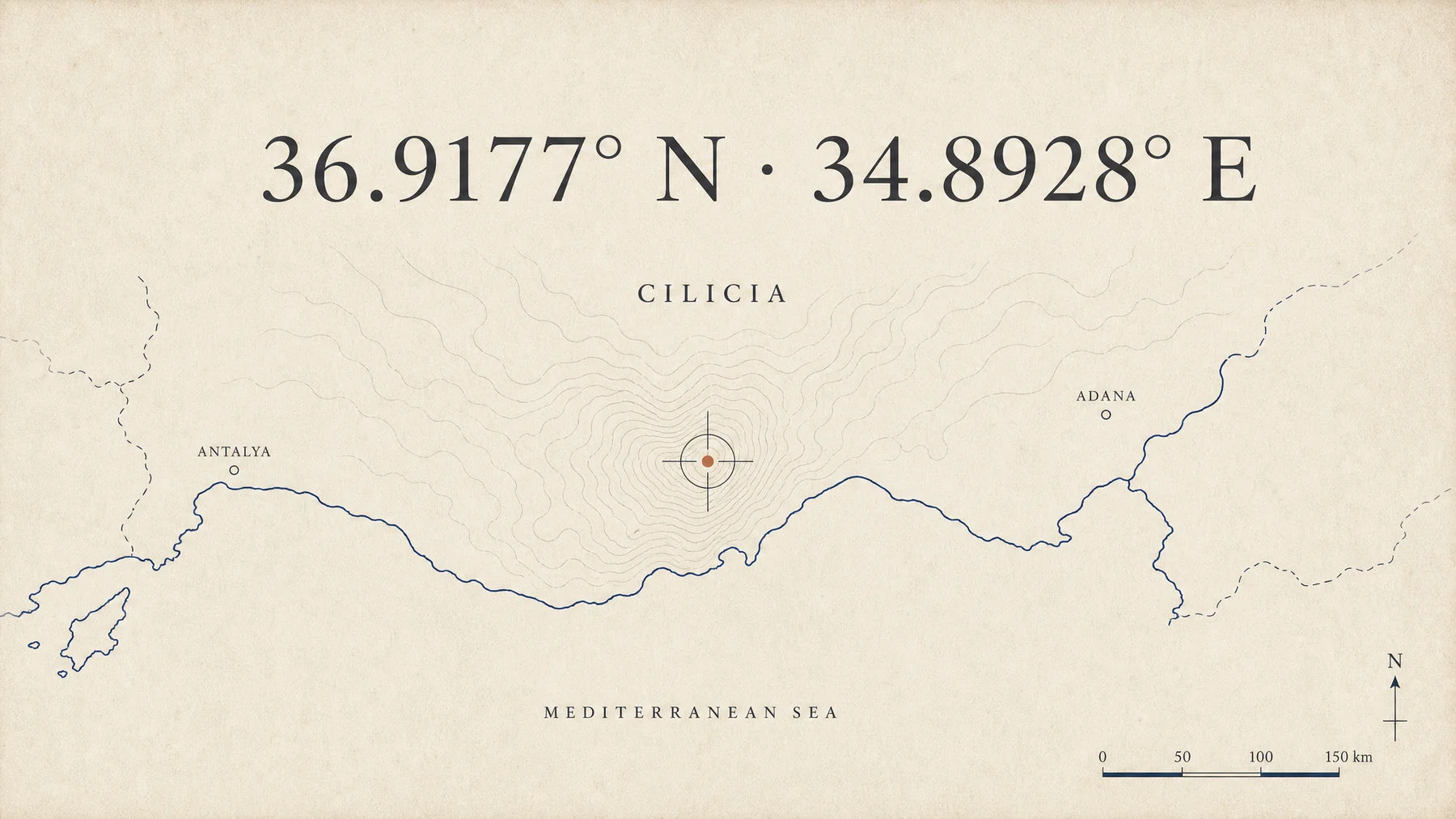 Antique-style map of Cilicia showing Tarsus at 36.9177 N, 34.8928 E on the Mediterranean coast of southern Turkiye